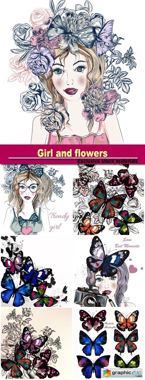 Fashion illustration with hand drawn pretty girl with butterflies and flowers