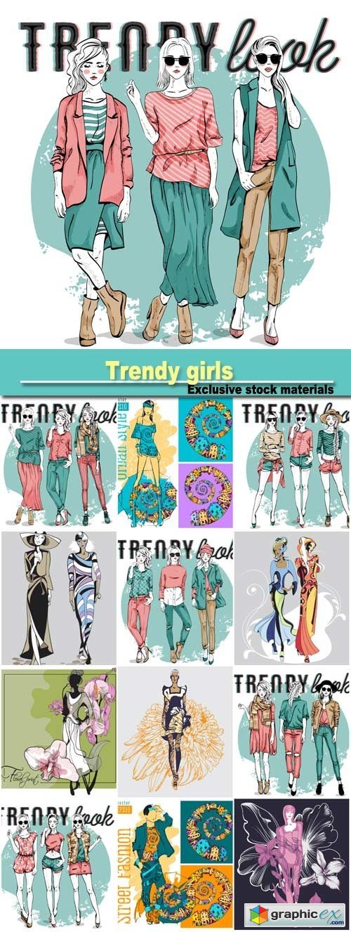 Vector set with trendy girls