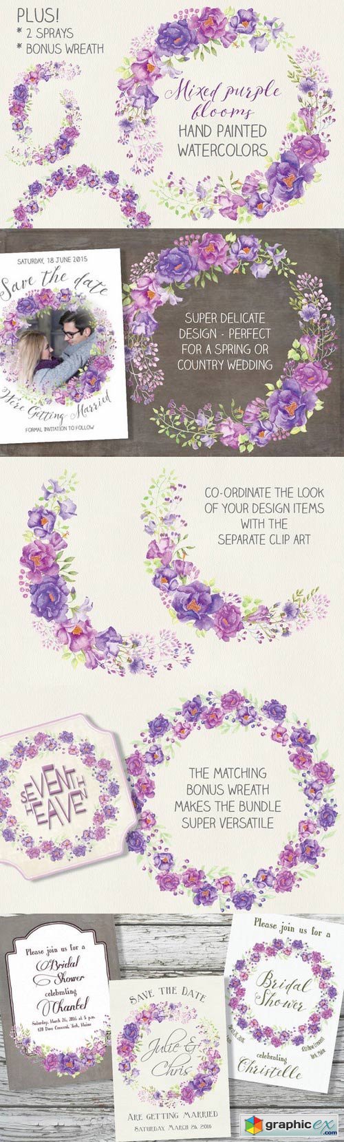 Watercolor wreath: purple blooms