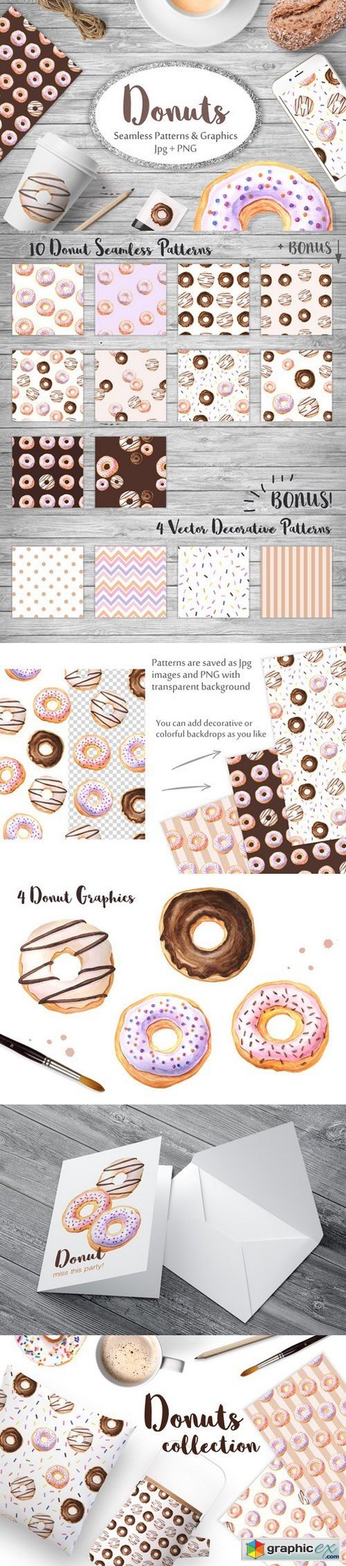 Watercolor Donuts Patterns&Graphics