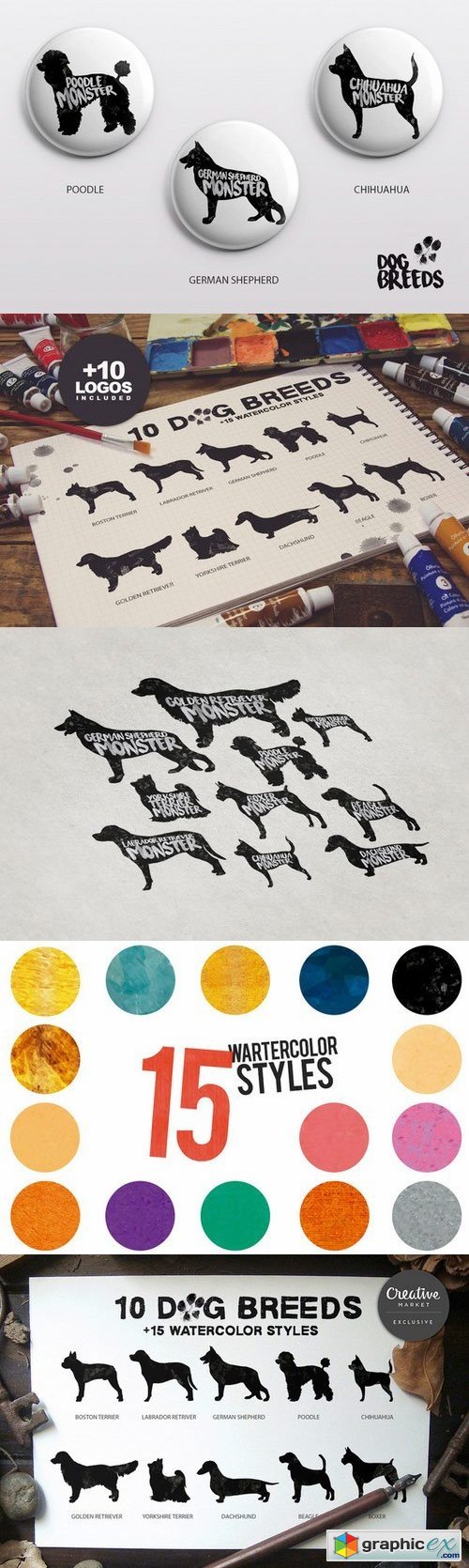 10 Dog Breeds + 15 Watercolor Styles