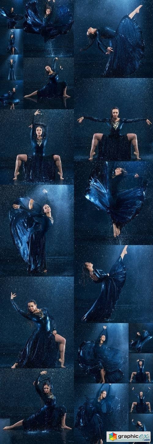 Young Beautiful Modern Dancer Dancing Under Water Drops