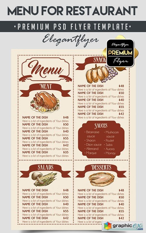 Menu for Restaurant  Flyer PSD Template + Facebook Cover