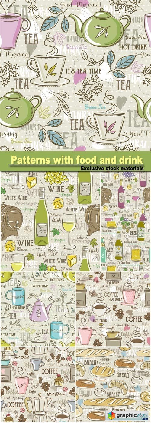 Seamless patterns with coffee, wine and breads