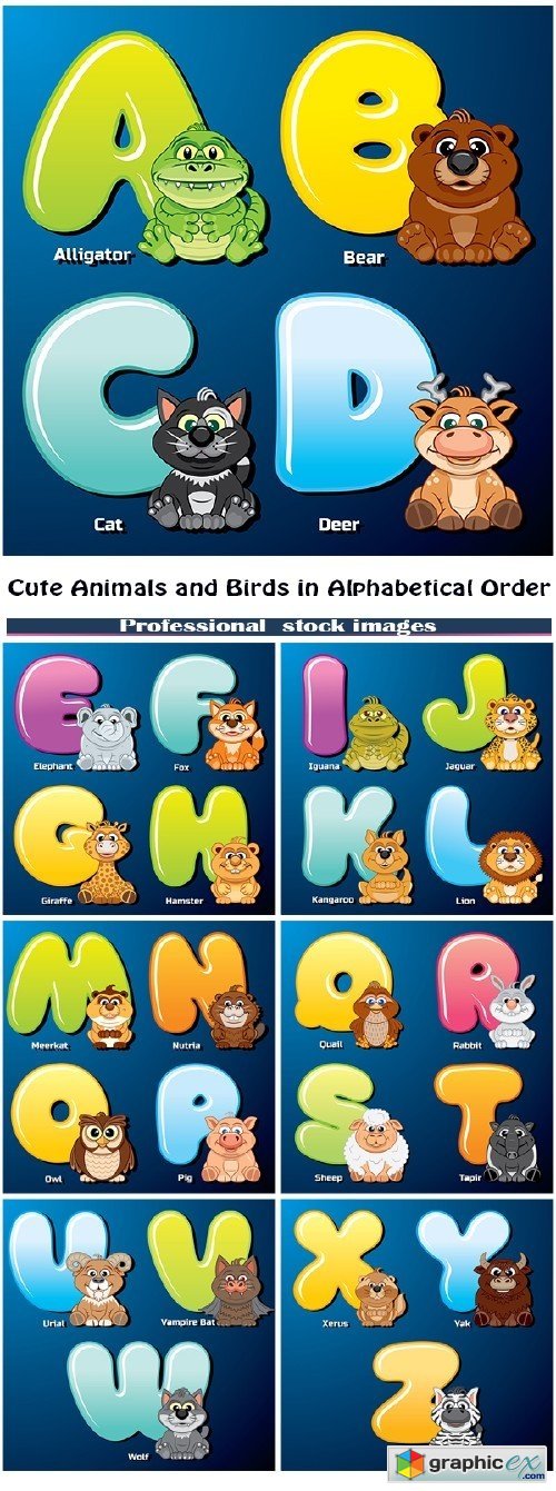 Cute animals and birds in alphabetical order