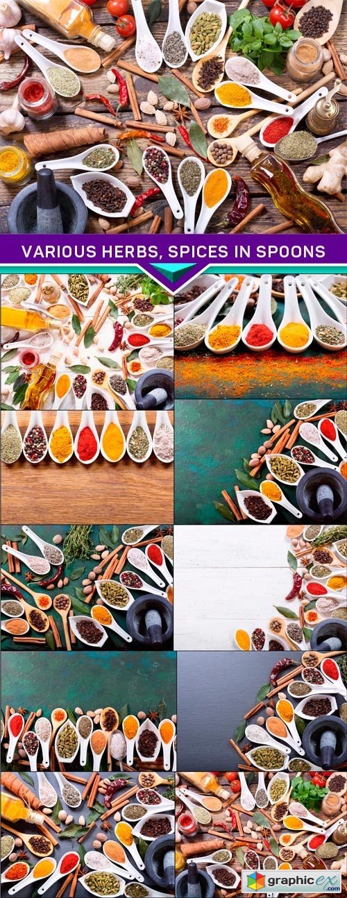 Various herbs, spices in spoons 10x JPEG