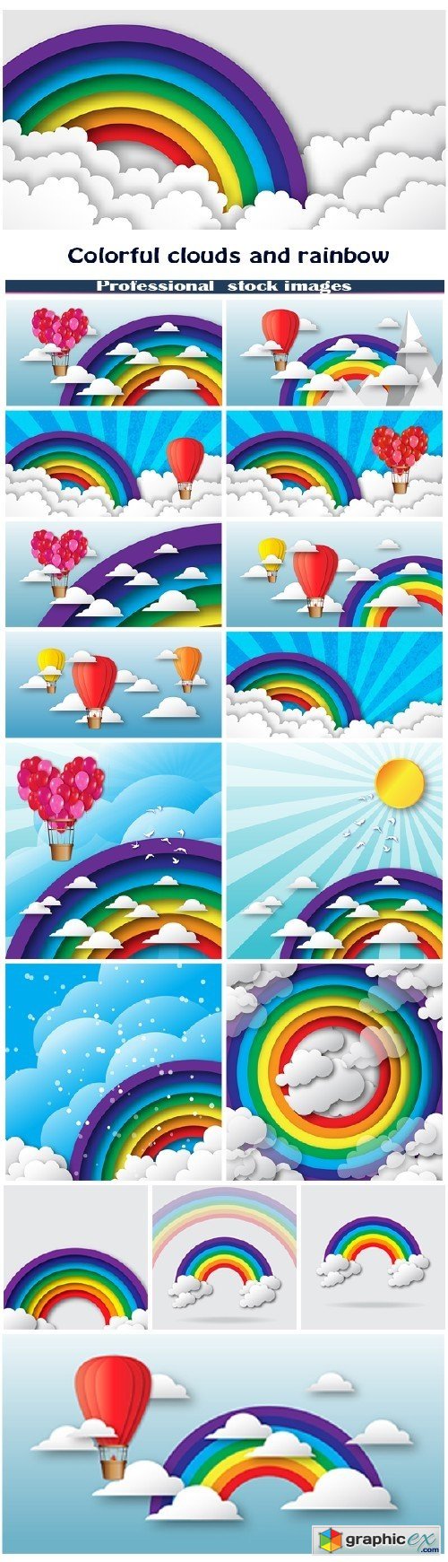 Origami stylized paper colorful clouds and rainbow with blue sky
