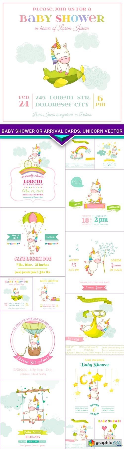 Baby Shower or Arrival Cards, unicorn vector 14x EPS