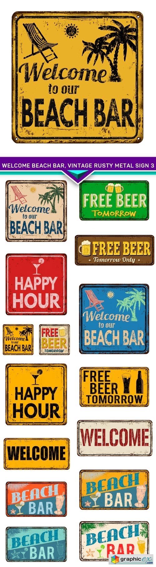 Welcome Beach bar, vintage rusty metal sign 3 15x EPS