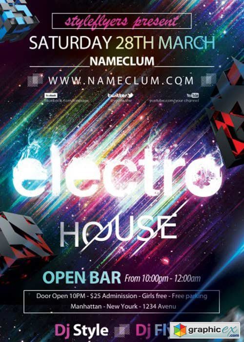 Electro House V8 PSD Flyer Template with Facebook Cover