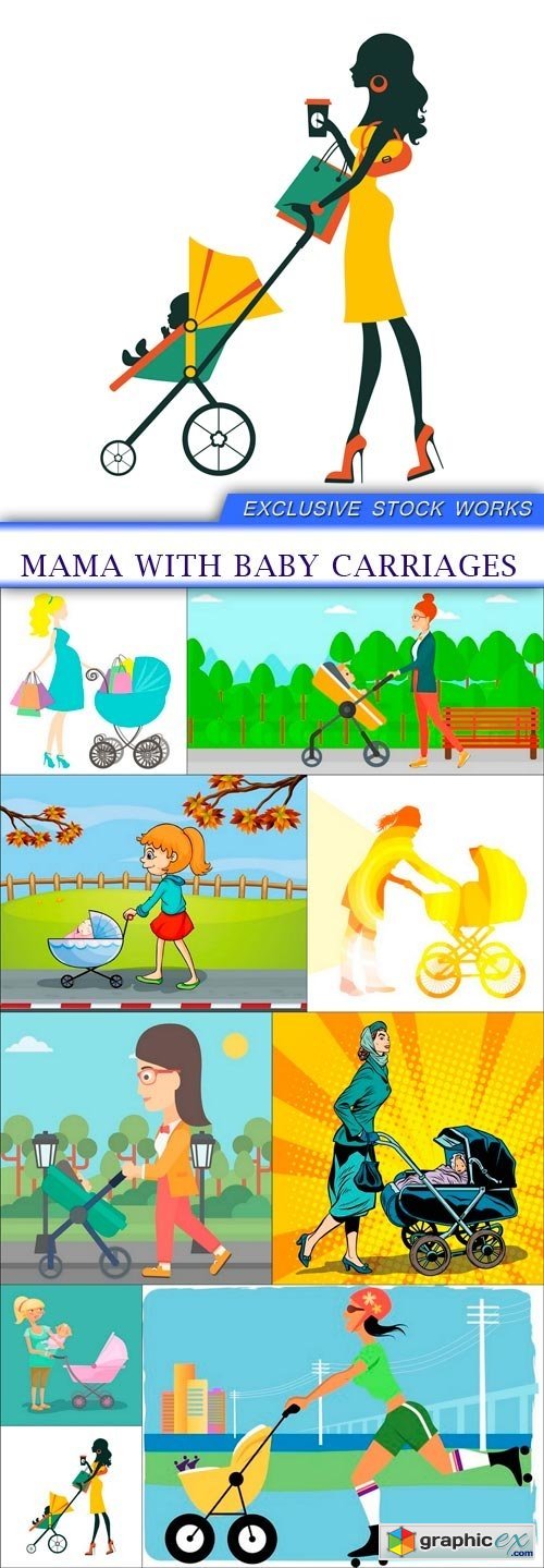 Mama with baby carriages 9X EPS