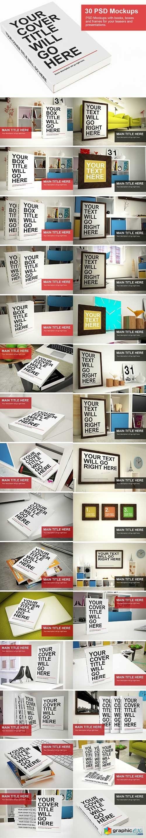 30 PSD Mock-Ups - Books Boxes and Frames