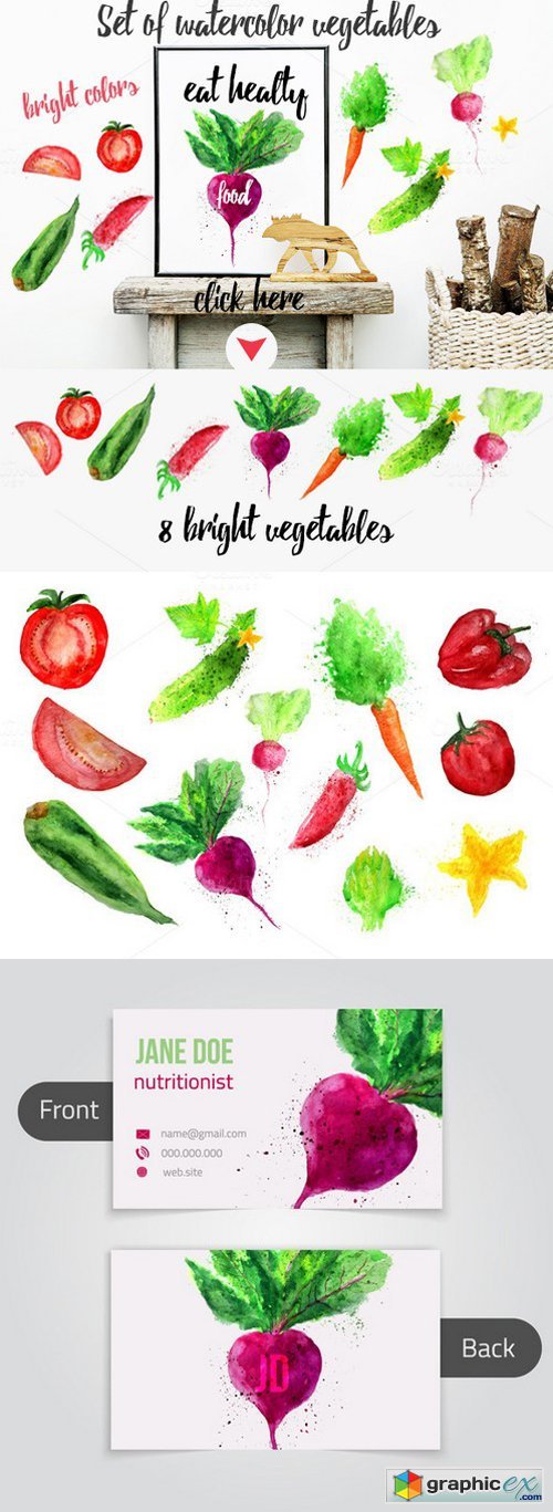 Set of 8 watercolor vegetables