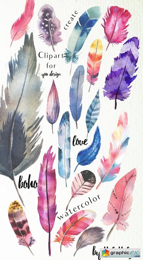70 watercolor feather PNG Files