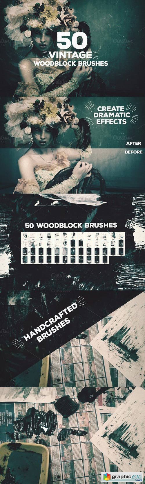 50 Vintage Woodblock Brushes by Layerform