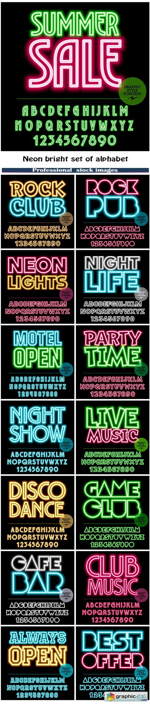 Neon bright set of alphabet letters, numbers and punctuation symbols