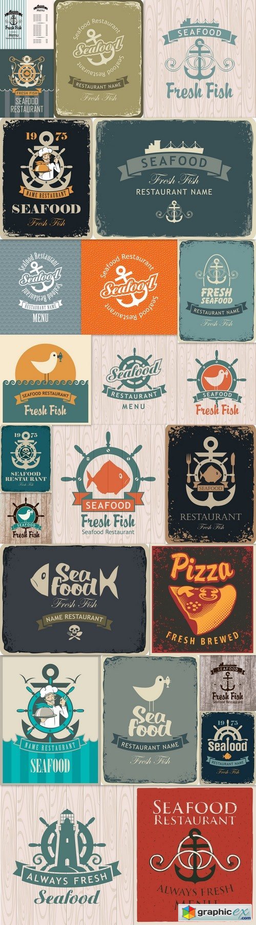 Retro banner for a seafood restaurant with an anchor