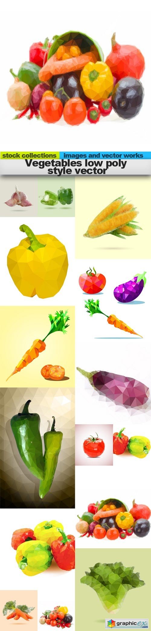 Vegetables low poly style vector, 15 x EPS