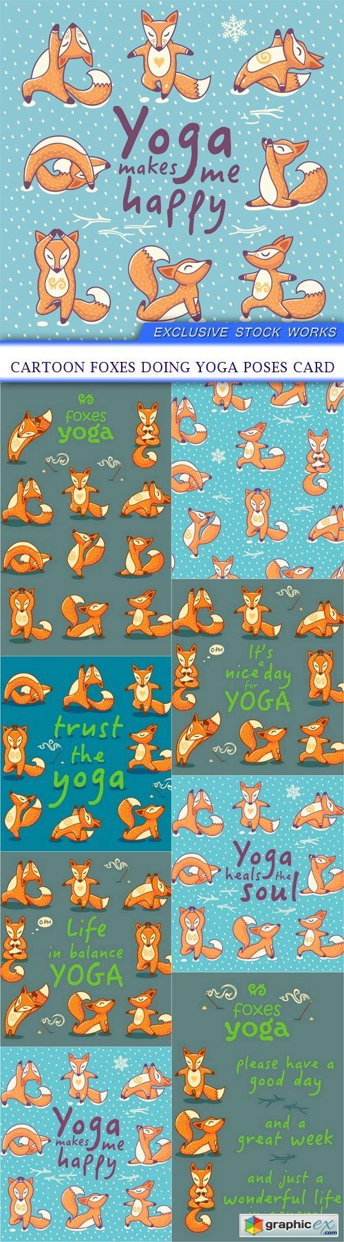 Cartoon foxes doing yoga poses card 8X EPS