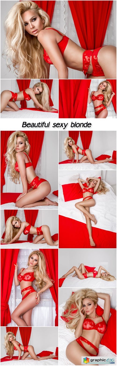 Beautiful sexy blonde with long hair lies in a red lace erotic underwear