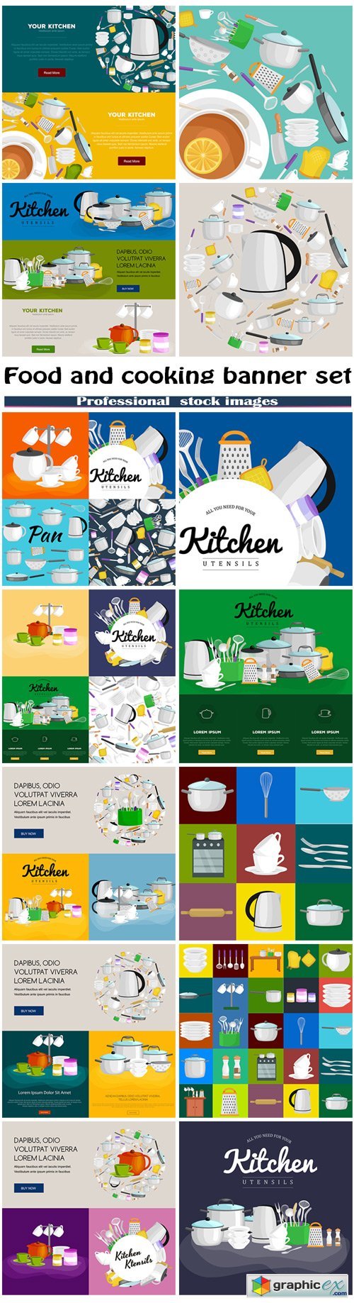 Food and cooking banner set and kitchenware utensils