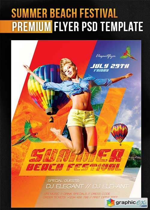 Summer Beach Festival Flyer PSD Template + Facebook Cover