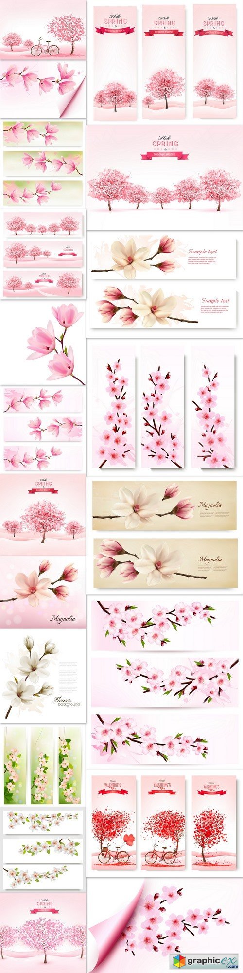 Three spring banners with pink cherry blossom trees