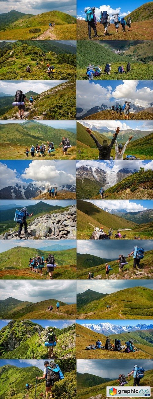 Group of tourists with large backpacks are on Carpaty mountain Ukraine