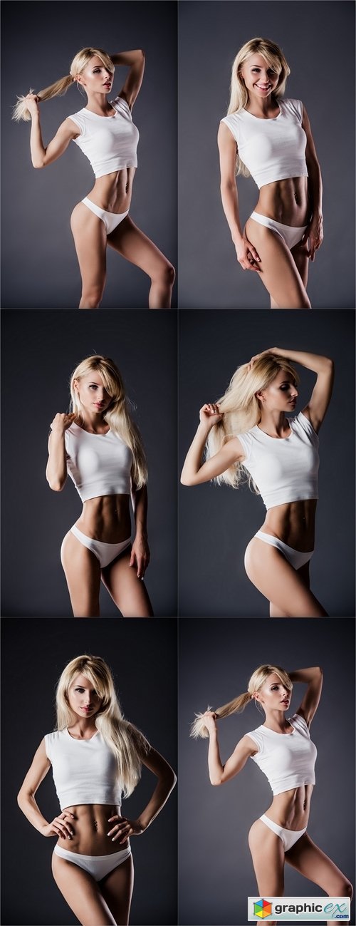 Fitness blonde woman shows her body