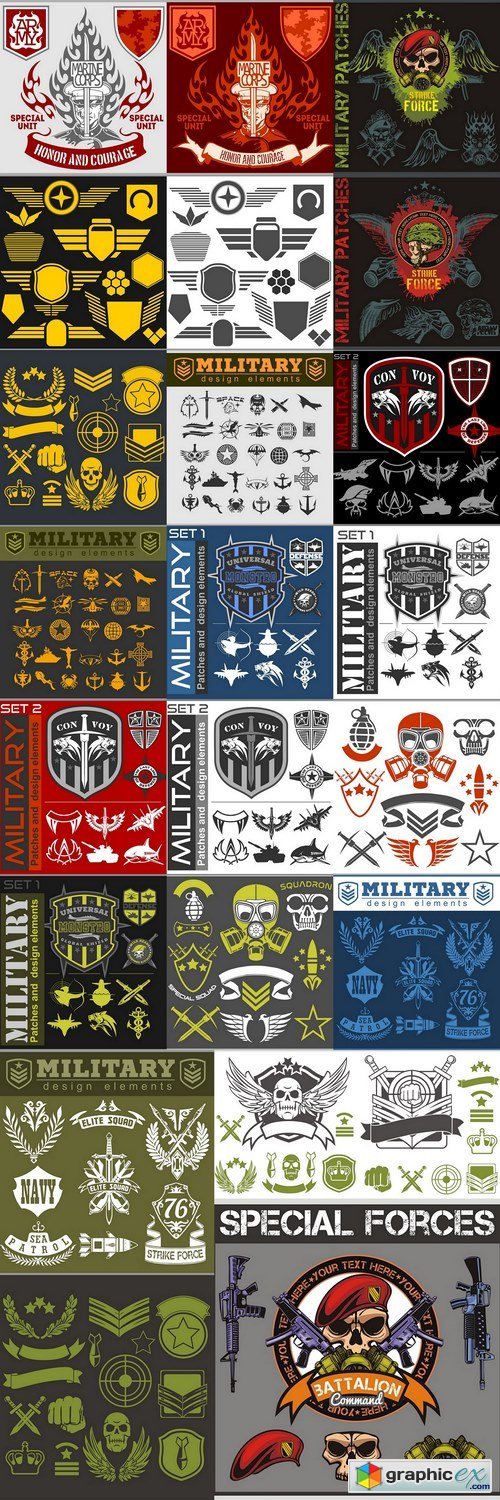 Military symbols with weapon and people uniform
