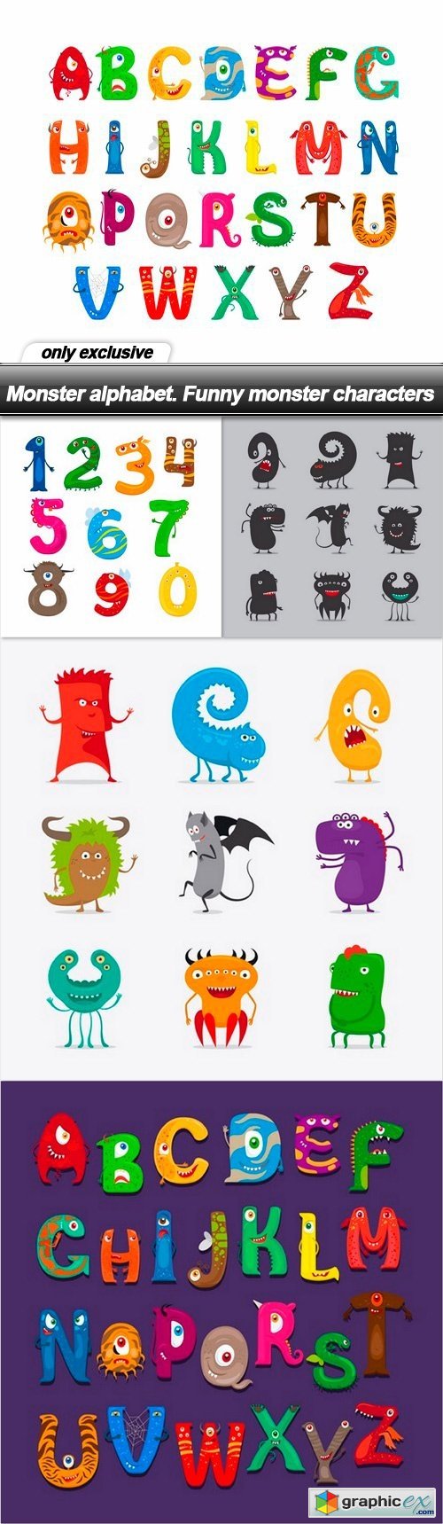 Monster alphabet. Funny monster characters - 5 EPS