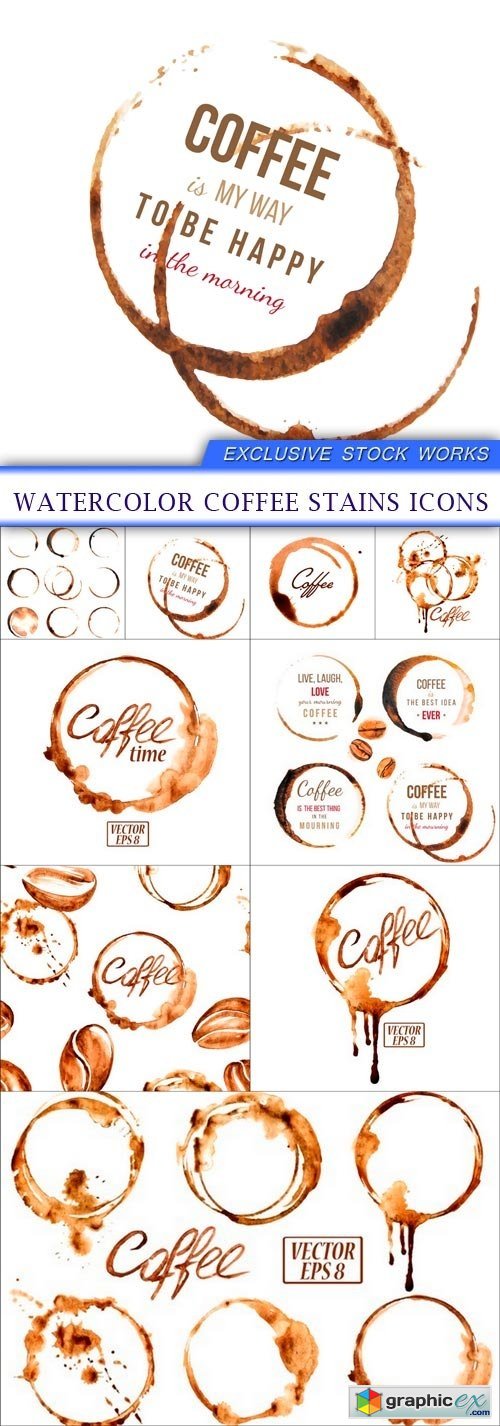 Watercolor coffee stains icons 9X EPS