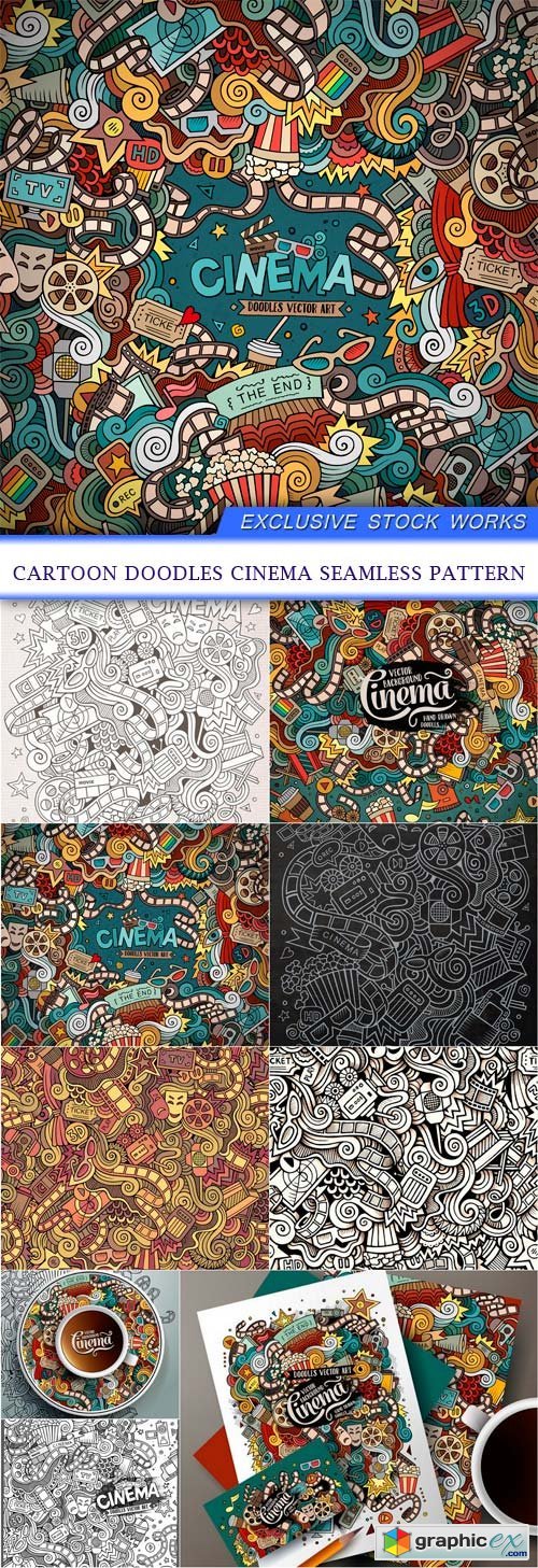Cartoon doodles cinema seamless pattern 9X EPS