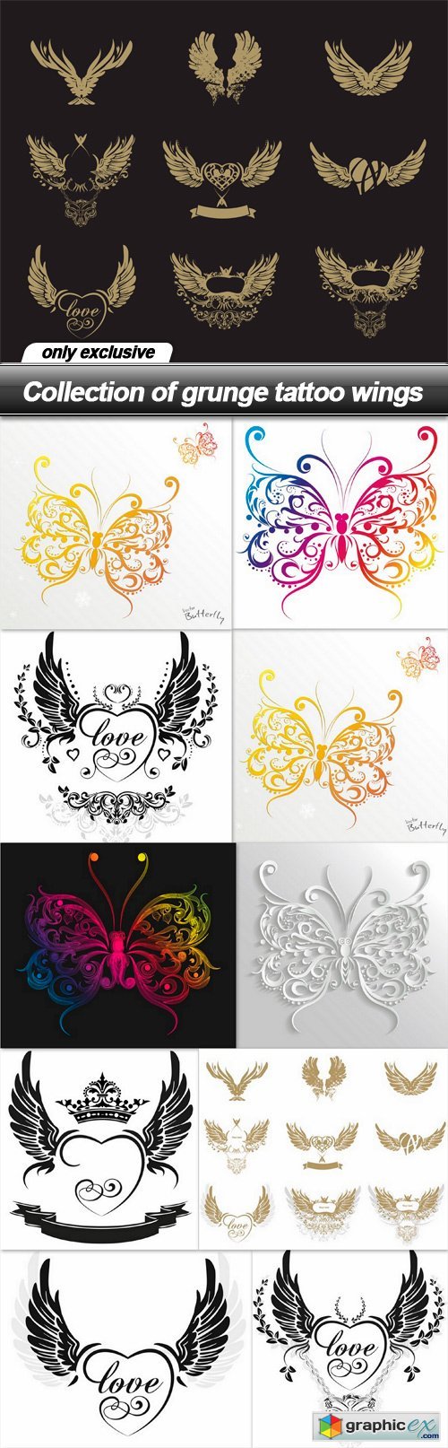 Collection of grunge tattoo wings - 11 EPS