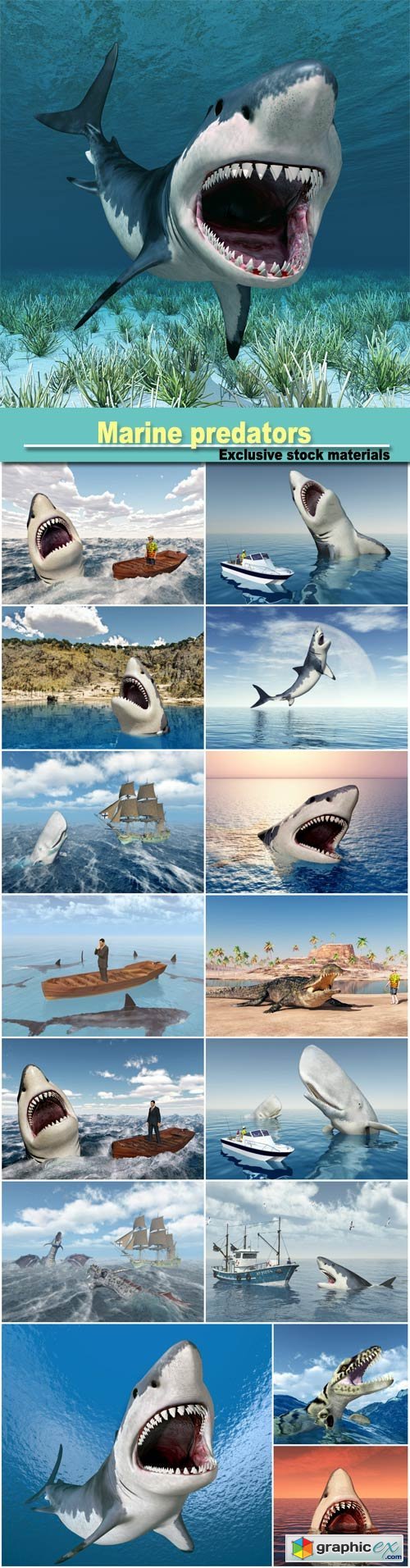 Marine predators, sharks 3D illustration