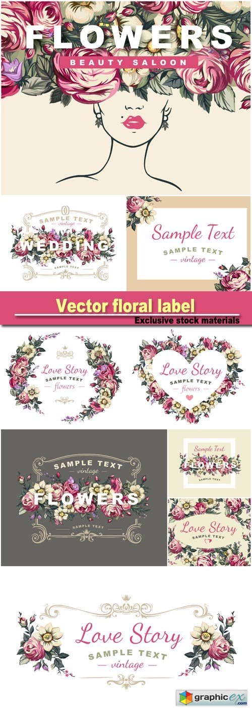 floral label with a frame composed of detailed flowers illustrations
