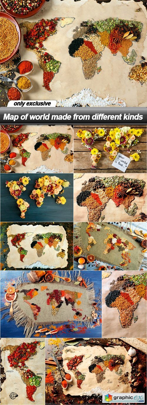 Map of world made from different kinds - 10 UHQ JPEG