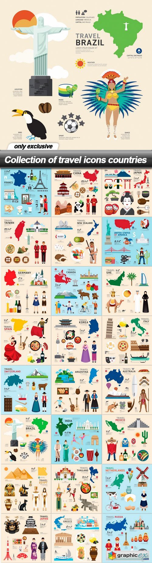 Collection of travel icons countries - 24 EPS