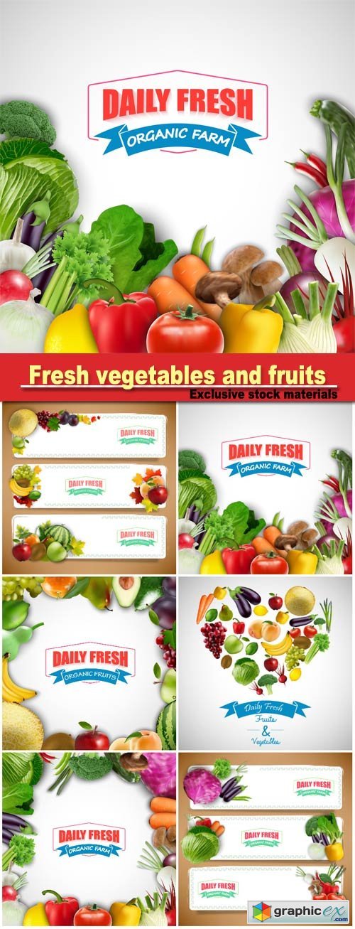 Fresh vegetables and fruits, backgrounds and banners vector