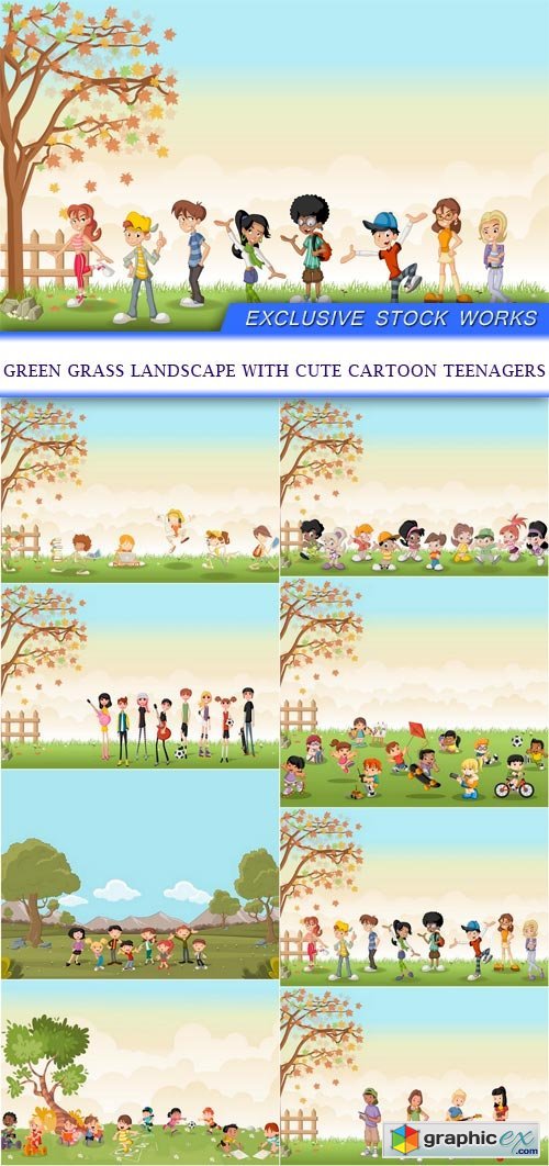 Green grass landscape with cute cartoon teenagers 8X EPS