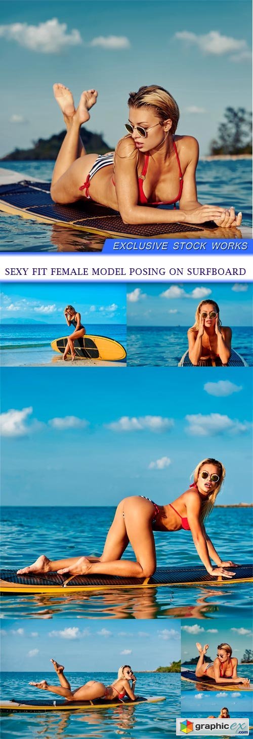 Sexy fit female model posing on surfboard 6X JPEG