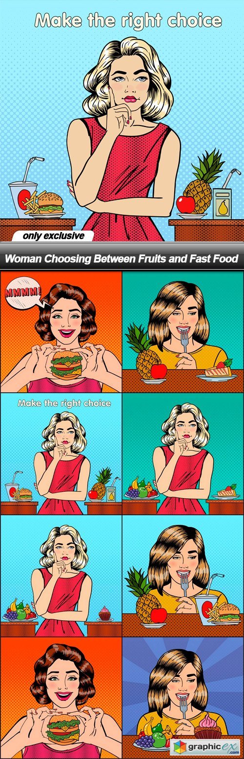 Woman Choosing Between Fruits and Fast Food - 8 EPS