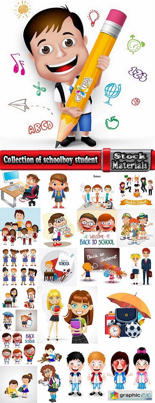 Collection of schoolboy student study education school cartoon 25 EPS