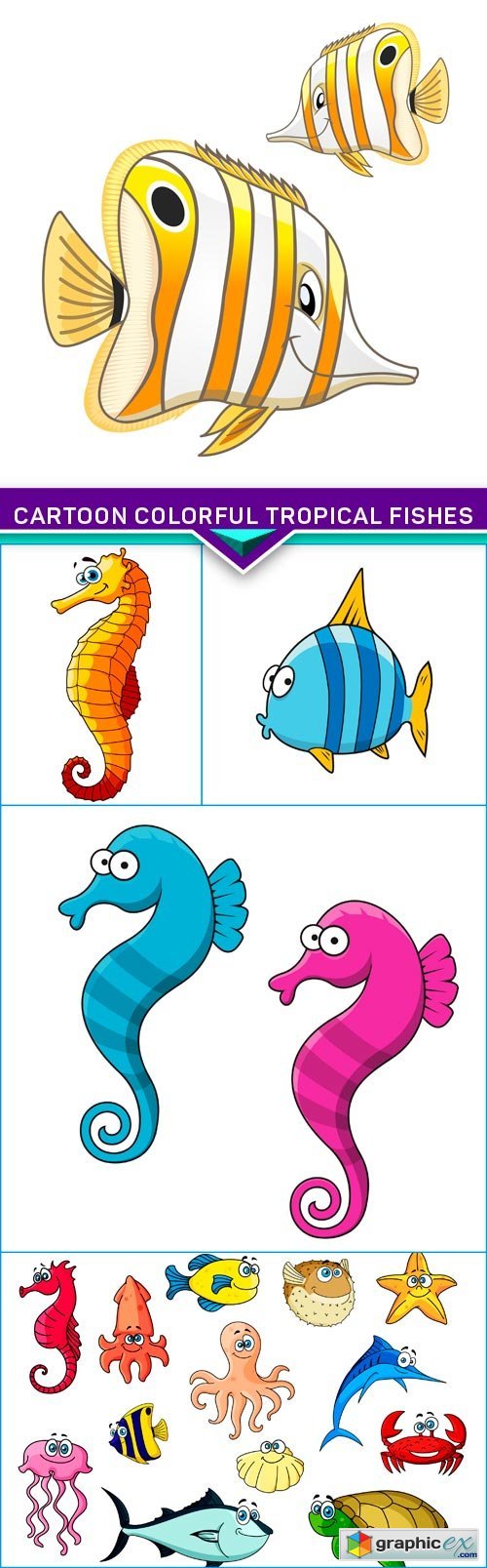 Cartoon colorful tropical fishes 5X EPS