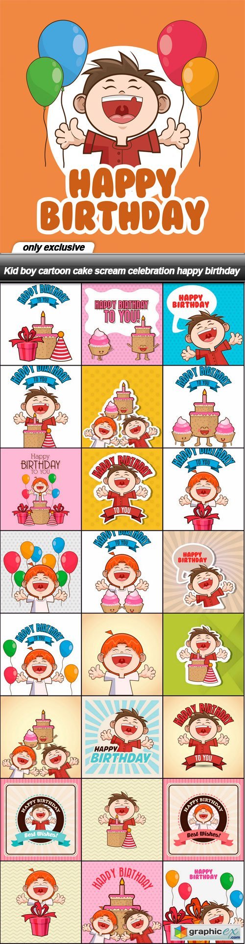 Kid boy cartoon cake scream celebration happy birthday - 25 EPS