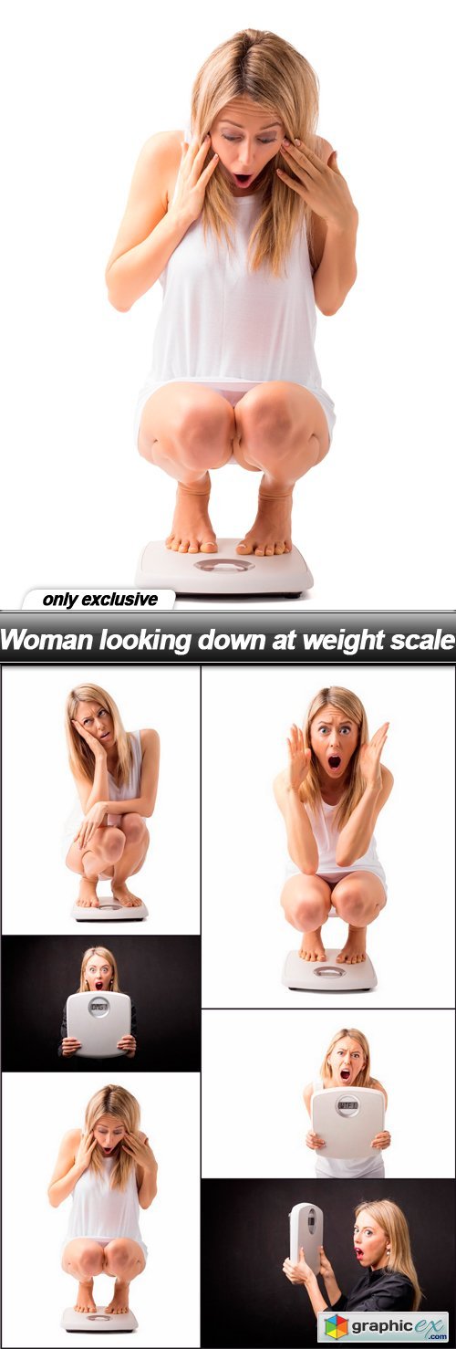 Woman looking down at weight scale - 6 UHQ JPEG