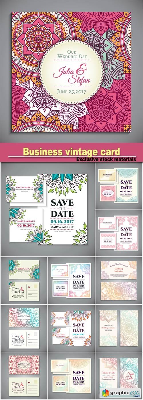 Business card, vintage decorative elements, hand drawn background