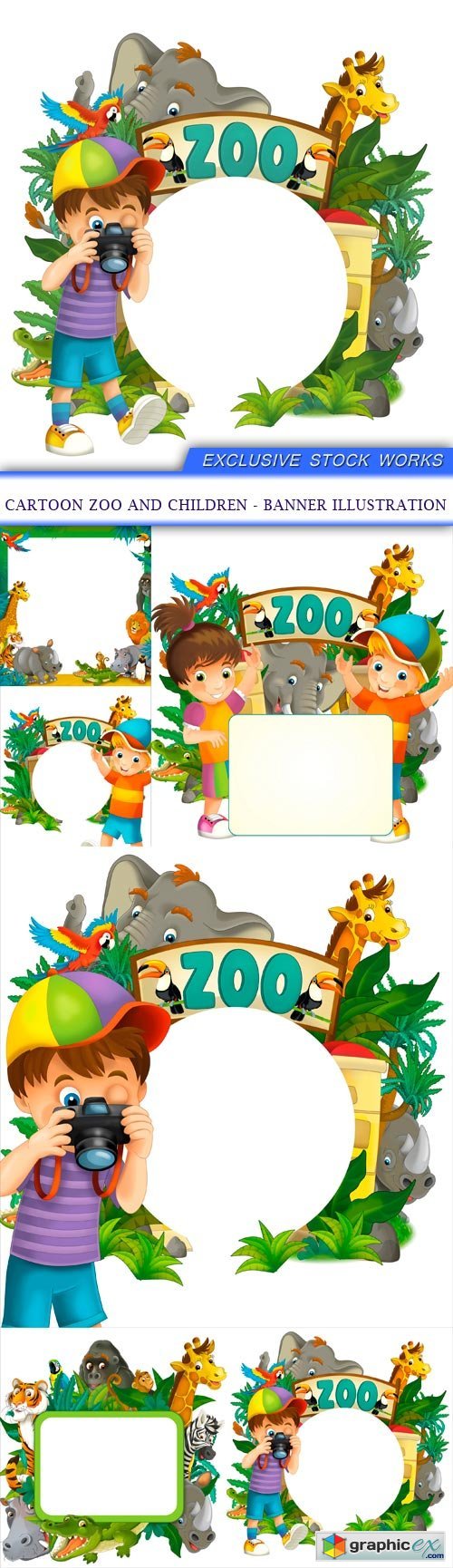 Cartoon zoo and children - banner illustration 6x EPS