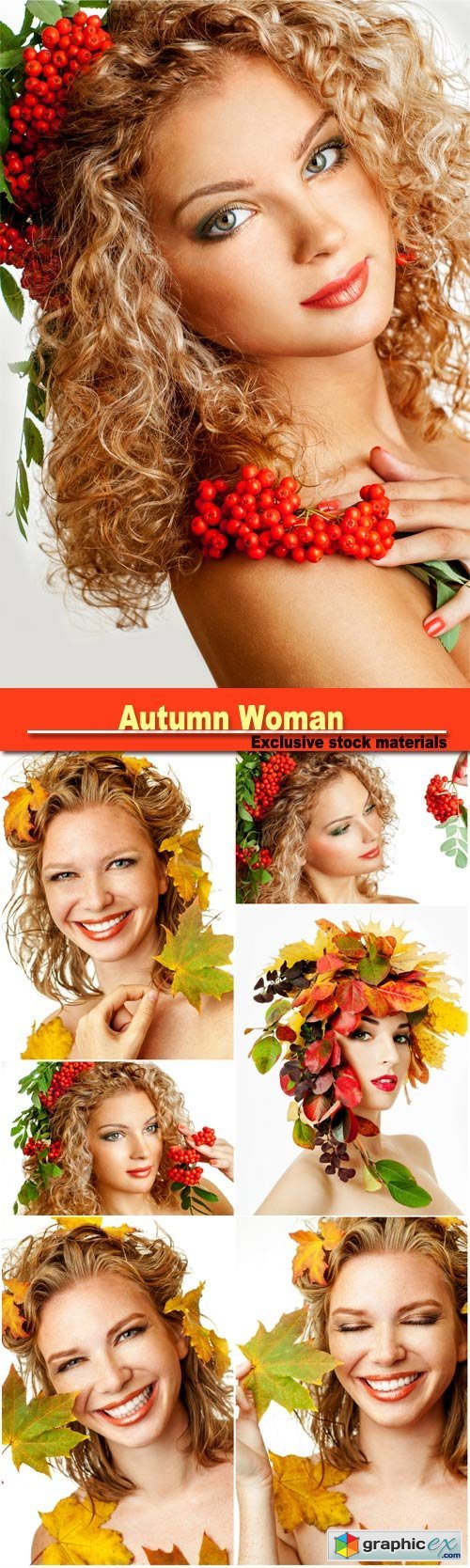 Autumn woman fashion portrait, beautiful model girl with rowan berries
