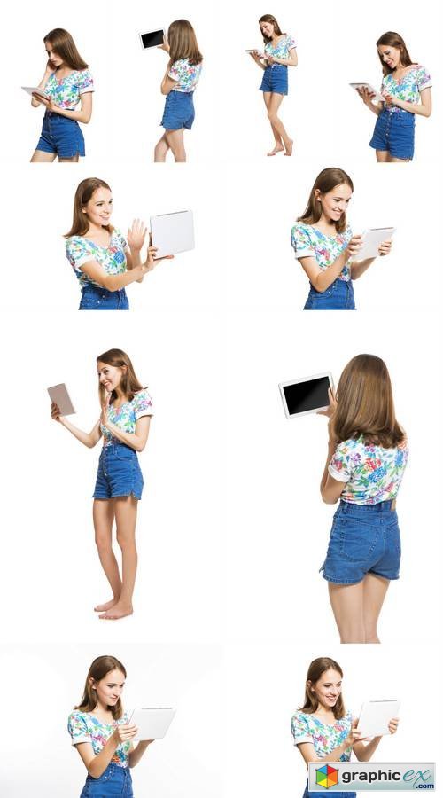 Funny Young Girl with a Tablet Isolated